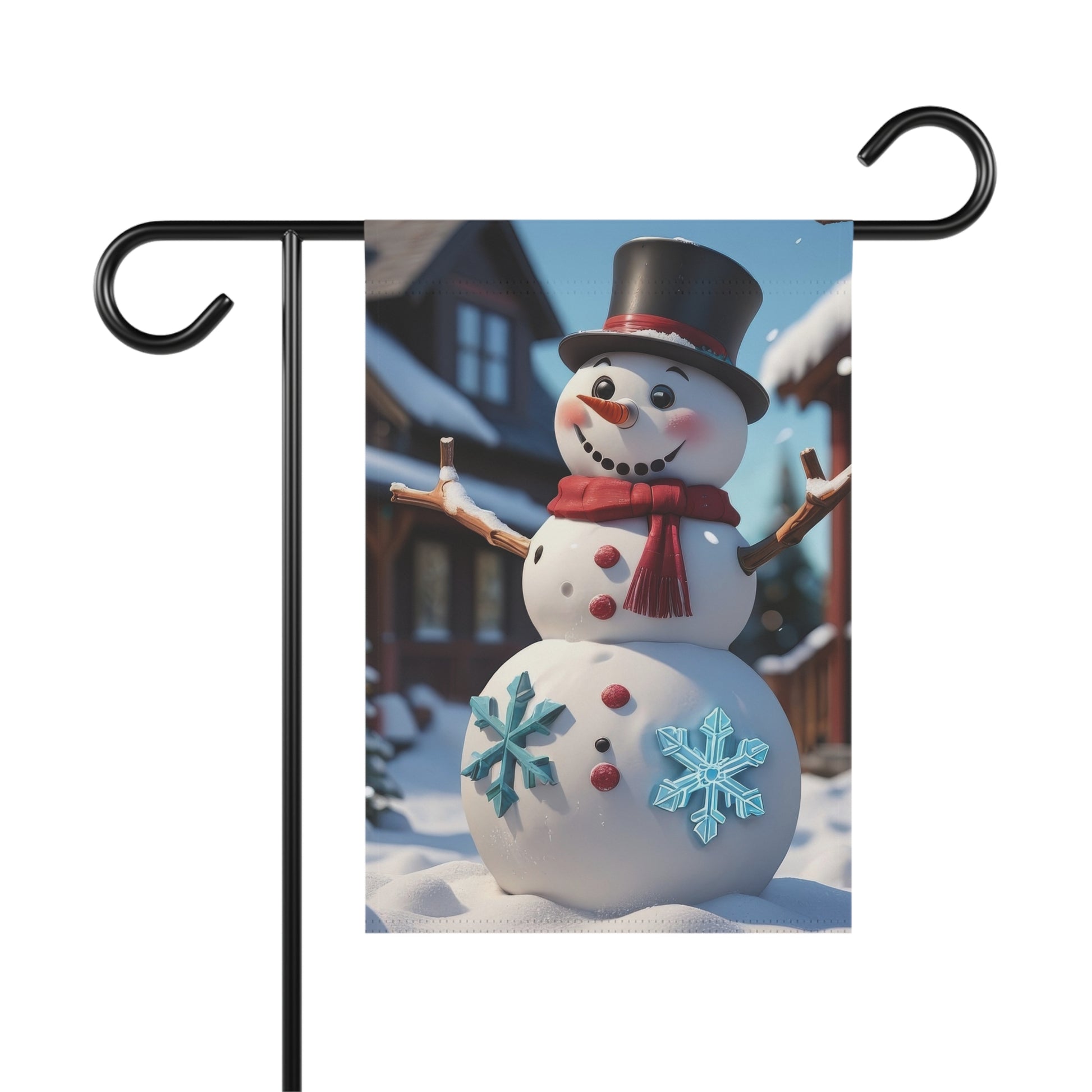 Classic snowman garden flag with a black top hat, red scarf, and blue snowflakes, set in a snowy village scene, on a black metal garden flag stand

