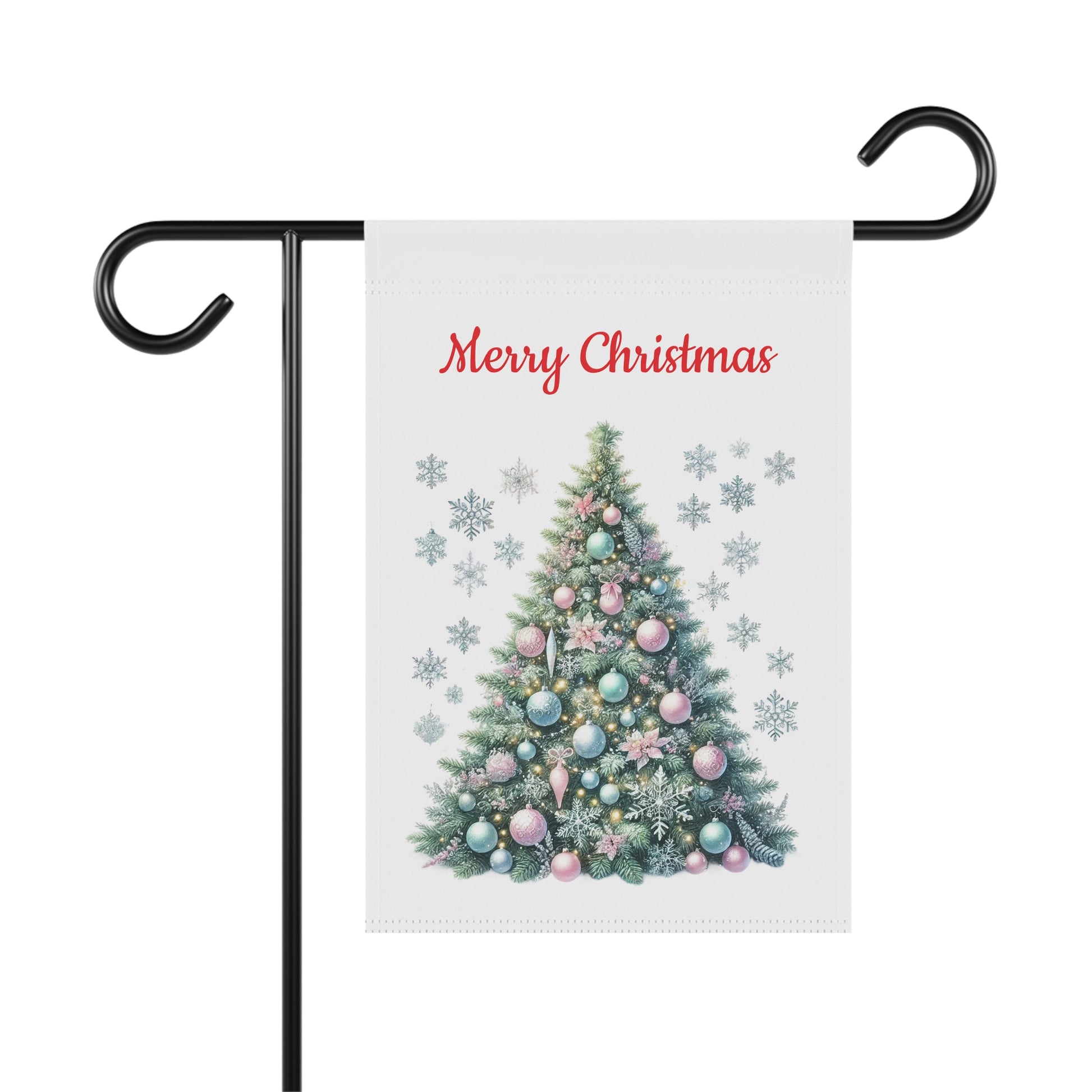 "Merry Christmas" garden flag with an elegant Christmas tree decorated with pastel pink, blue, and silver ornaments and snowflakes, on a black metal garden flag stand

