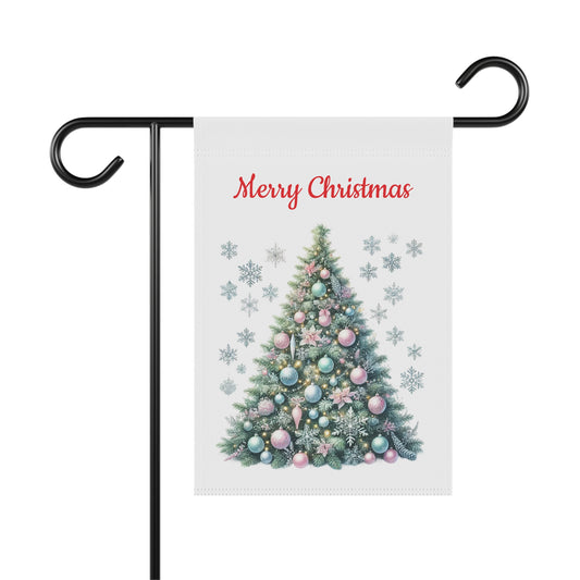 "Merry Christmas" garden flag with an elegant Christmas tree decorated with pastel pink, blue, and silver ornaments and snowflakes, on a black metal garden flag stand

