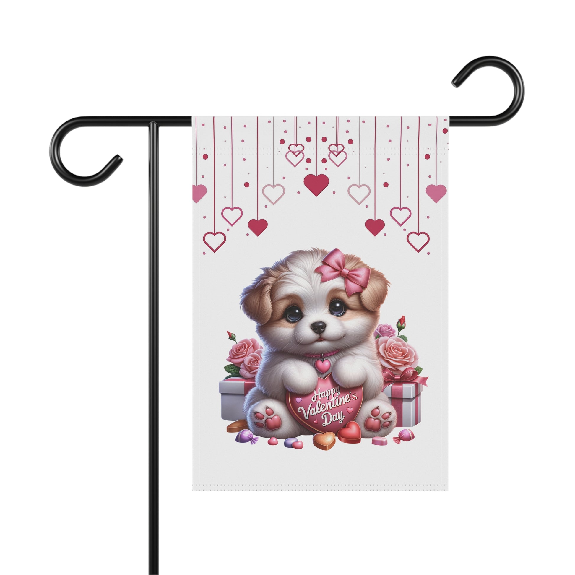 Cute puppy Valentine’s Day garden flag with hearts, pink bow, roses, and sweet treats for romantic outdoor decor