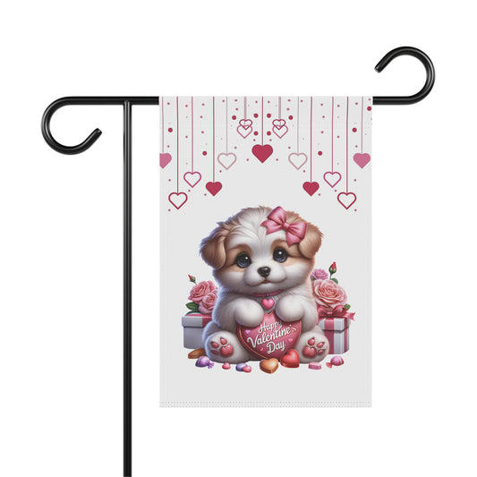 Cute puppy Valentine’s Day garden flag with hearts, pink bow, roses, and sweet treats for romantic outdoor decor