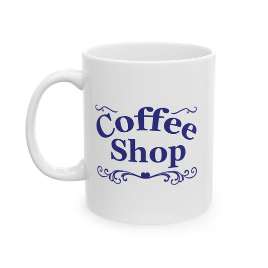  White coffee mug with a retro blue "Coffee Shop" logo and decorative swirls, Vintage look coffee mug, Retro diner style cup.