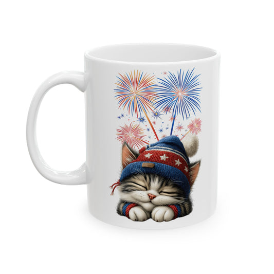 Sleepy Patriotic Kitten 4th of July Coffee Mug