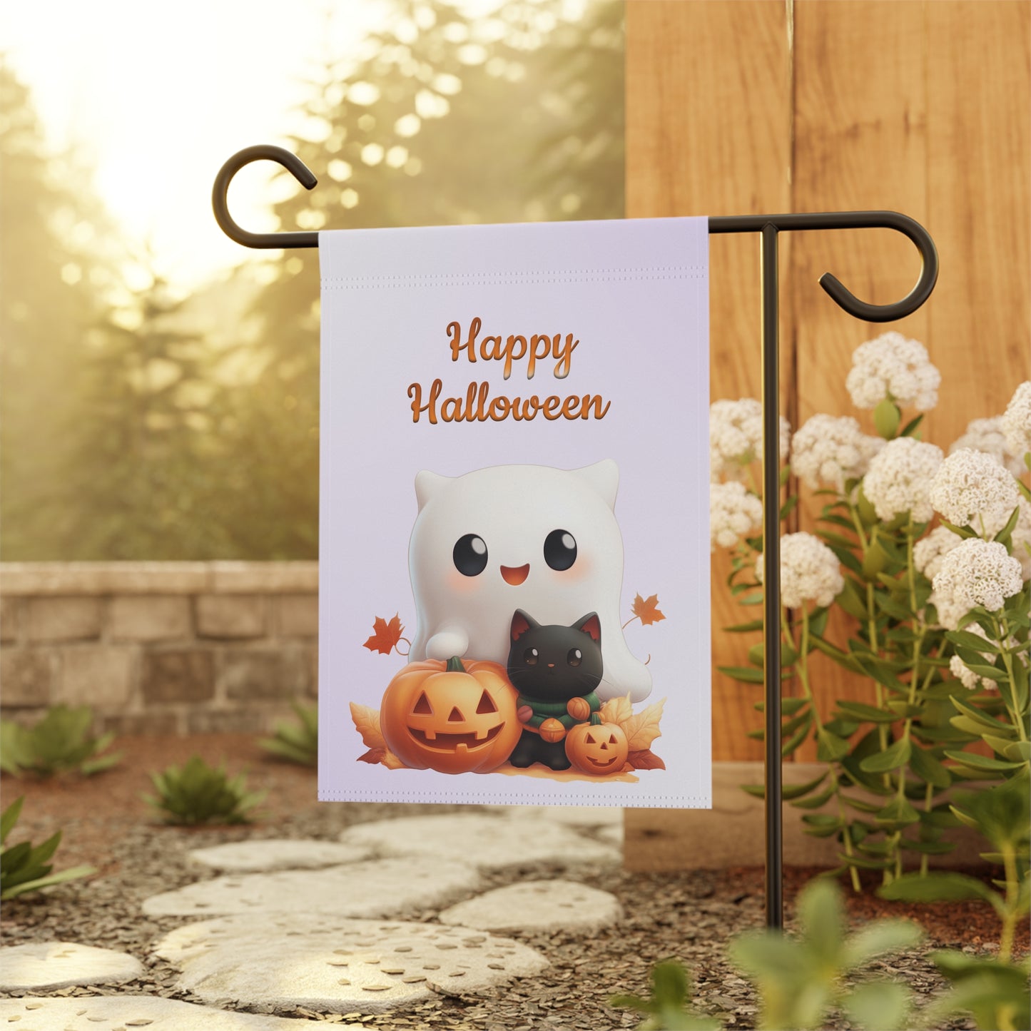 Cute Ghost & Black Cat Halloween Garden Flag