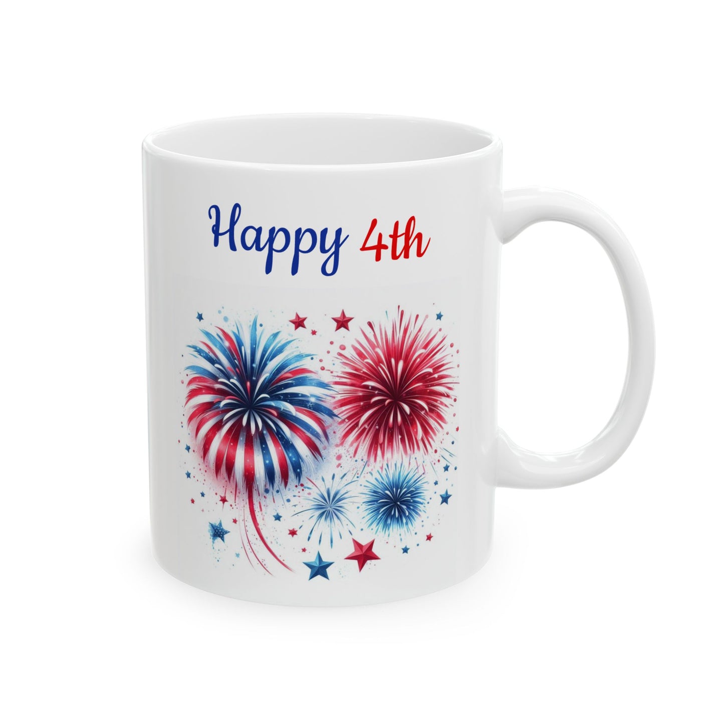 White ceramic coffee mug featuring two large red, white, and blue fireworks exploding with small star details and smaller blue starbursts beneath the script text Happy 4th.

