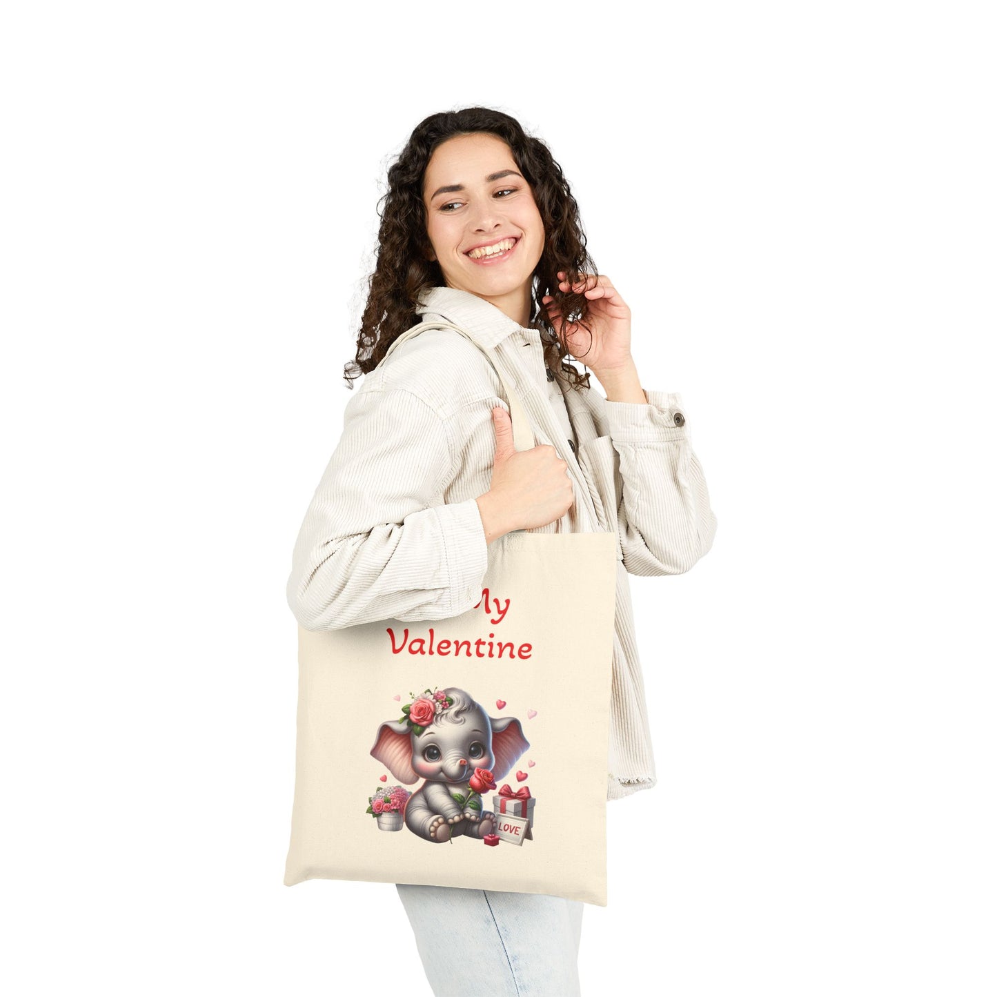 Be My Valentine Elephant Canvas Tote Bag with Roses
