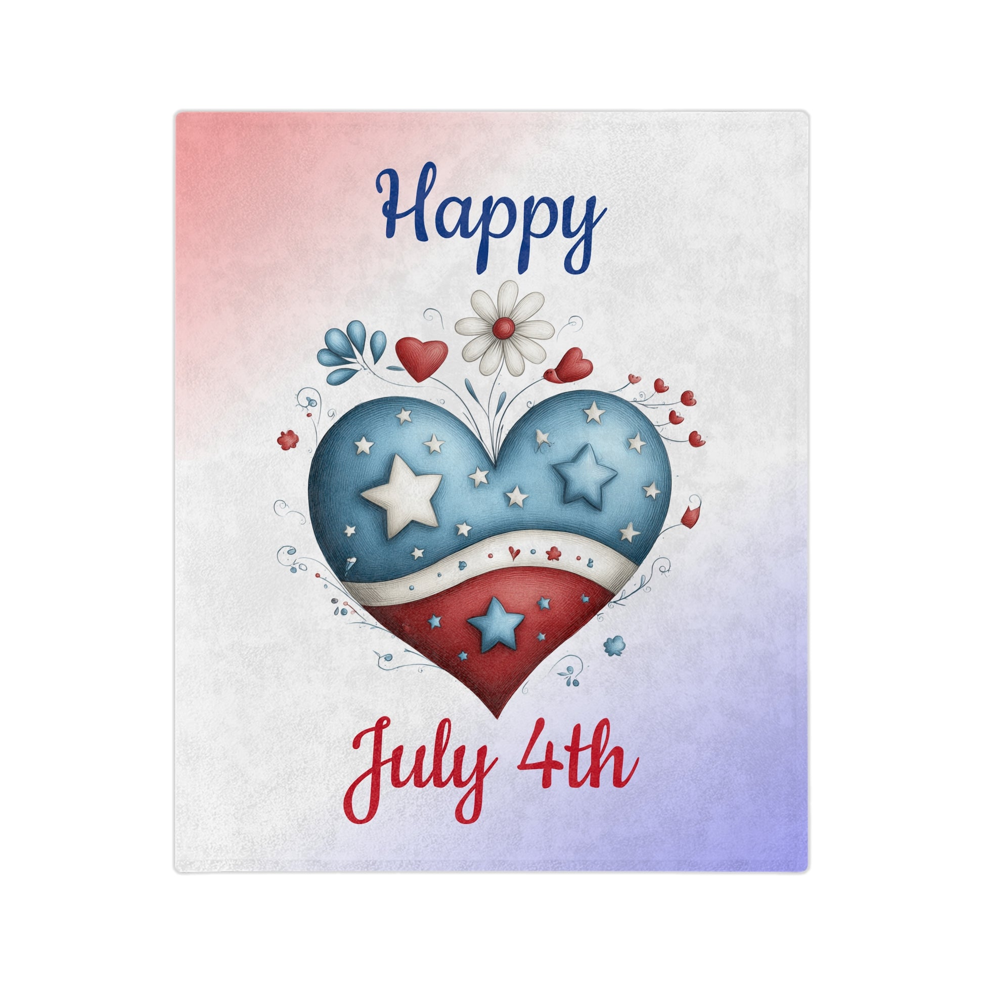 Velveteen plush blanket with red, white, and blue patriotic heart and flower design, "Happy July 4th" printed text on soft pastel background