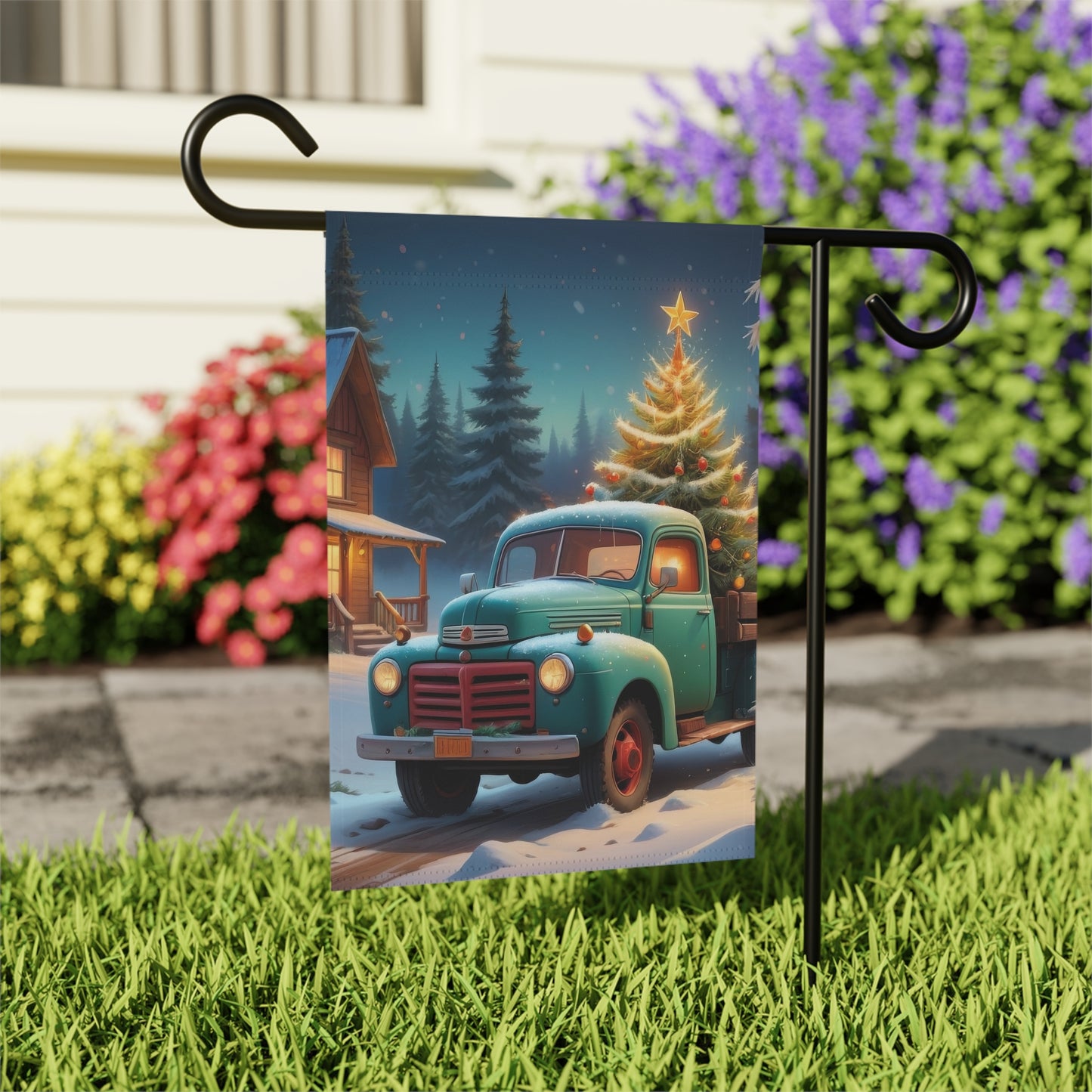 Vintage Truck with Christmas Tree Flag