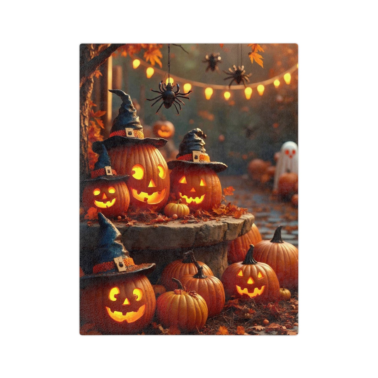 Spooky Pumpkin Patch Halloween Plush Blanket with glowing pumpkins, witch hats, spiders, string lights, and a ghost in an outdoor setting.

