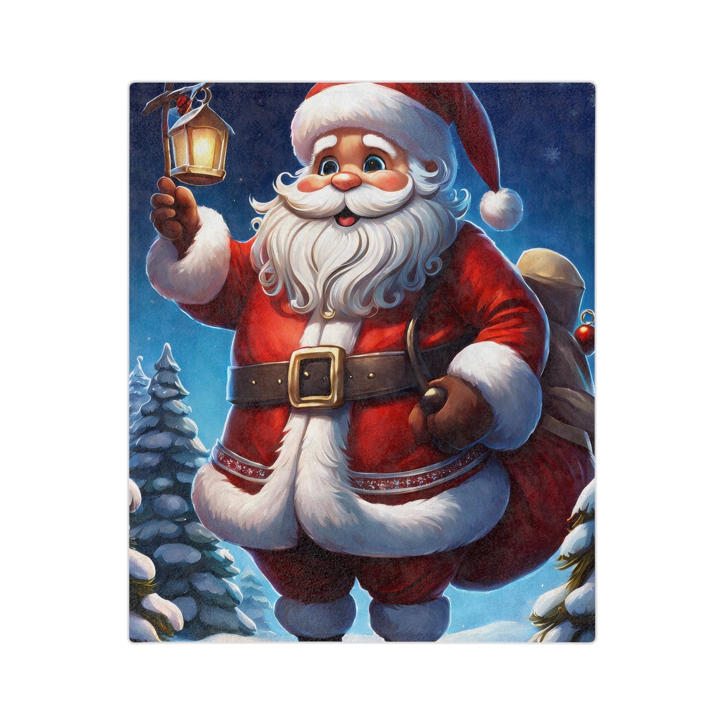 Velveteen plush blanket with jolly Santa Claus holding a lantern in snowy winter forest

