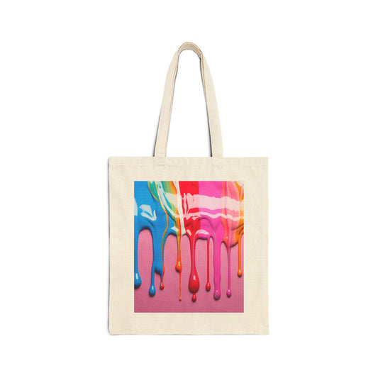Canvas tote bag with a colorful abstract paint drip design.

