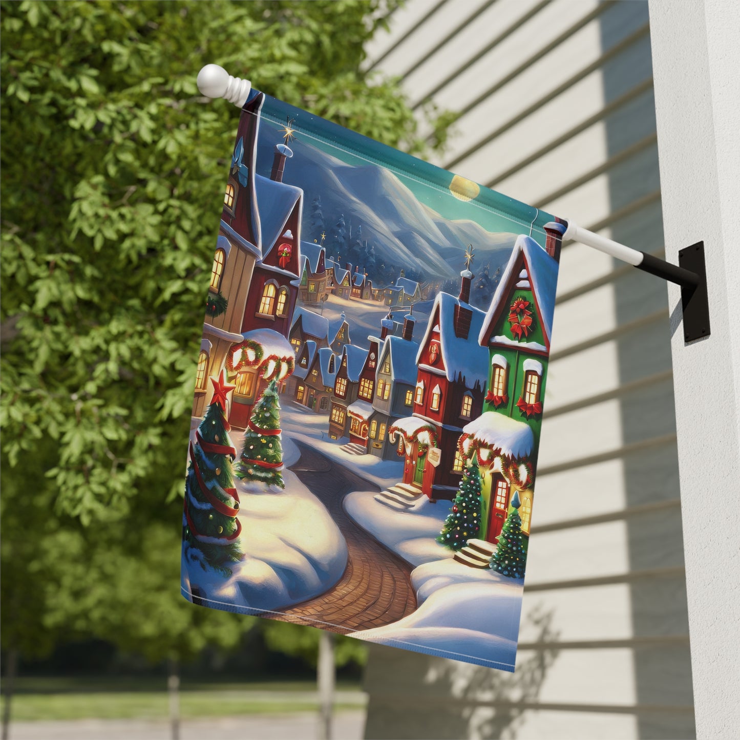 Moonlit Christmas Village Garden Flag
