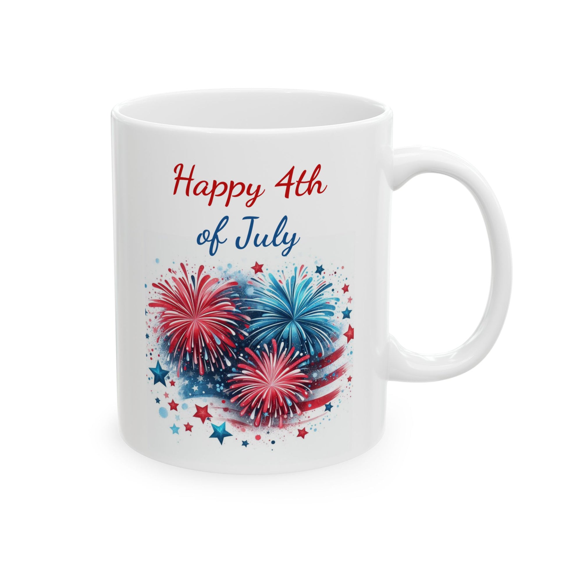White ceramic coffee mug featuring three bright red, white, and blue fireworks over a stylized American flag backdrop with scattered stars beneath the script text Happy 4th of July.
