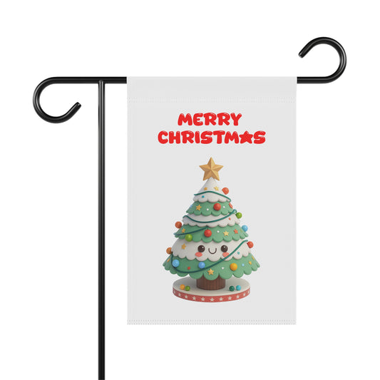 A 'Merry Christmas' garden flag on a metal stand, featuring a cute, 3D-style Christmas tree with a smiling face, colorful ornaments, and a star on top.