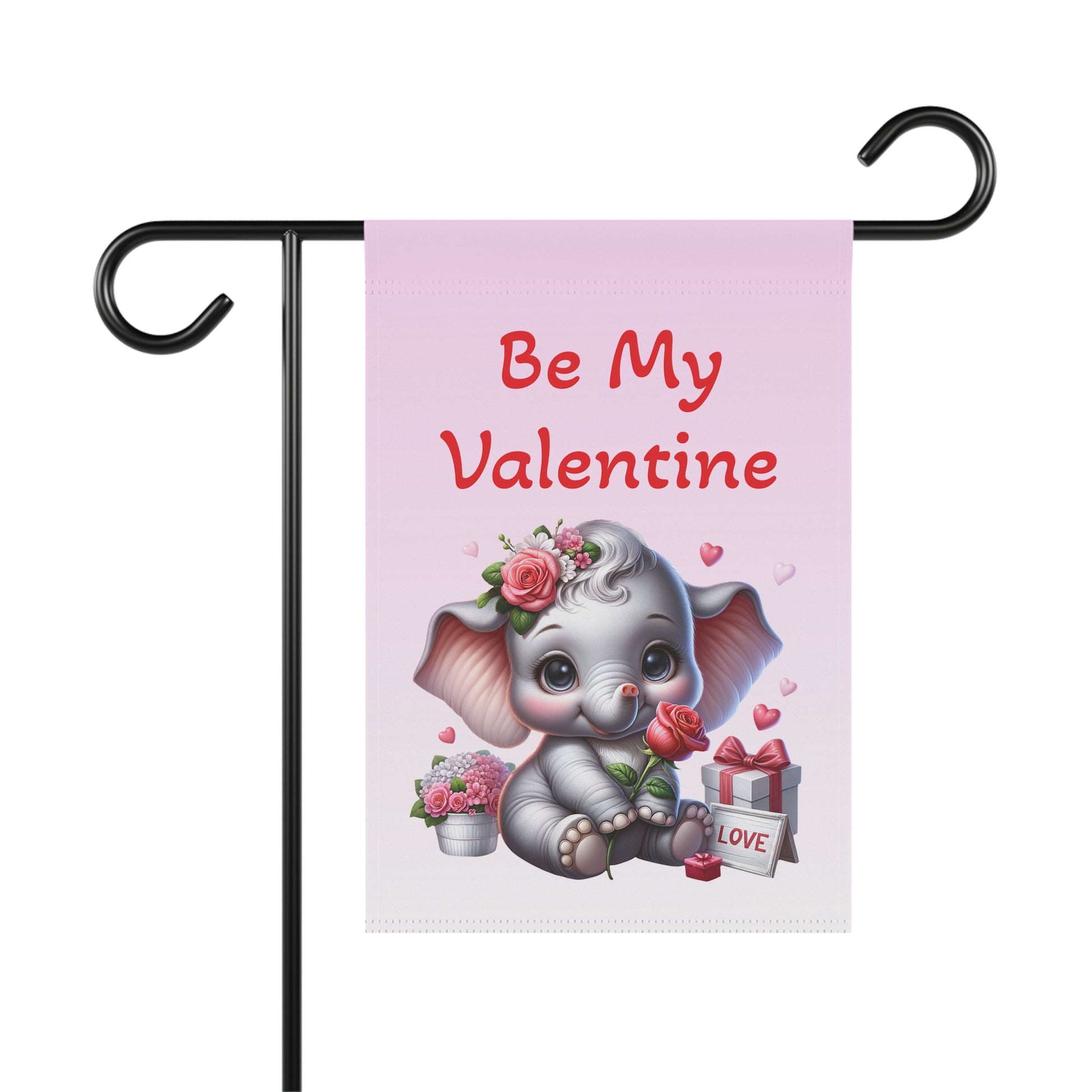 Valentine’s garden flag with baby elephant, pink hearts, roses, and “Be My Valentine” text on soft pink background