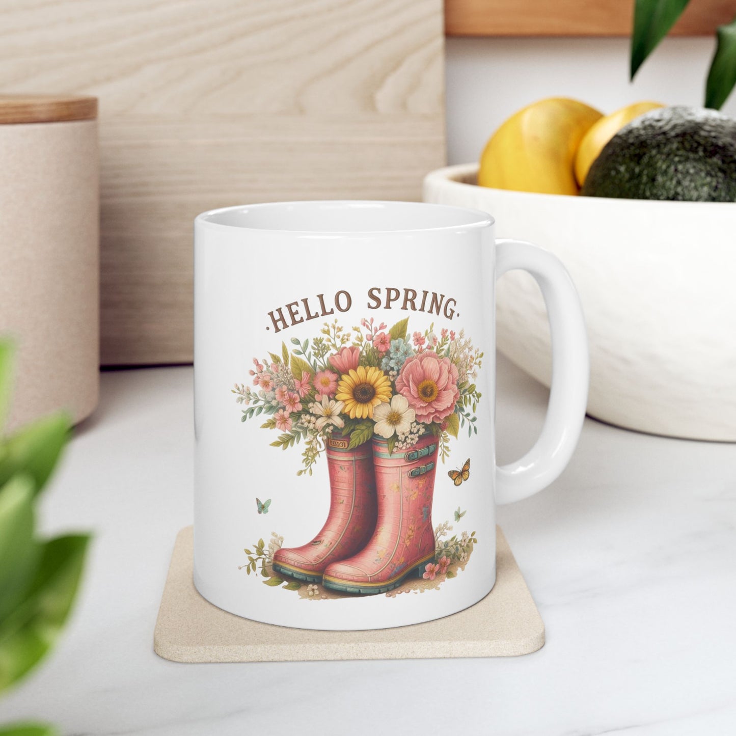 "Hello Spring" Floral Rain Boot Coffee Mug