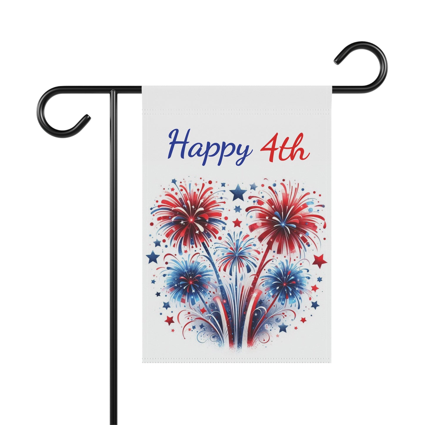 arrangement with small scattered stars beneath the red and blue text Happy 4th on an off-white background.