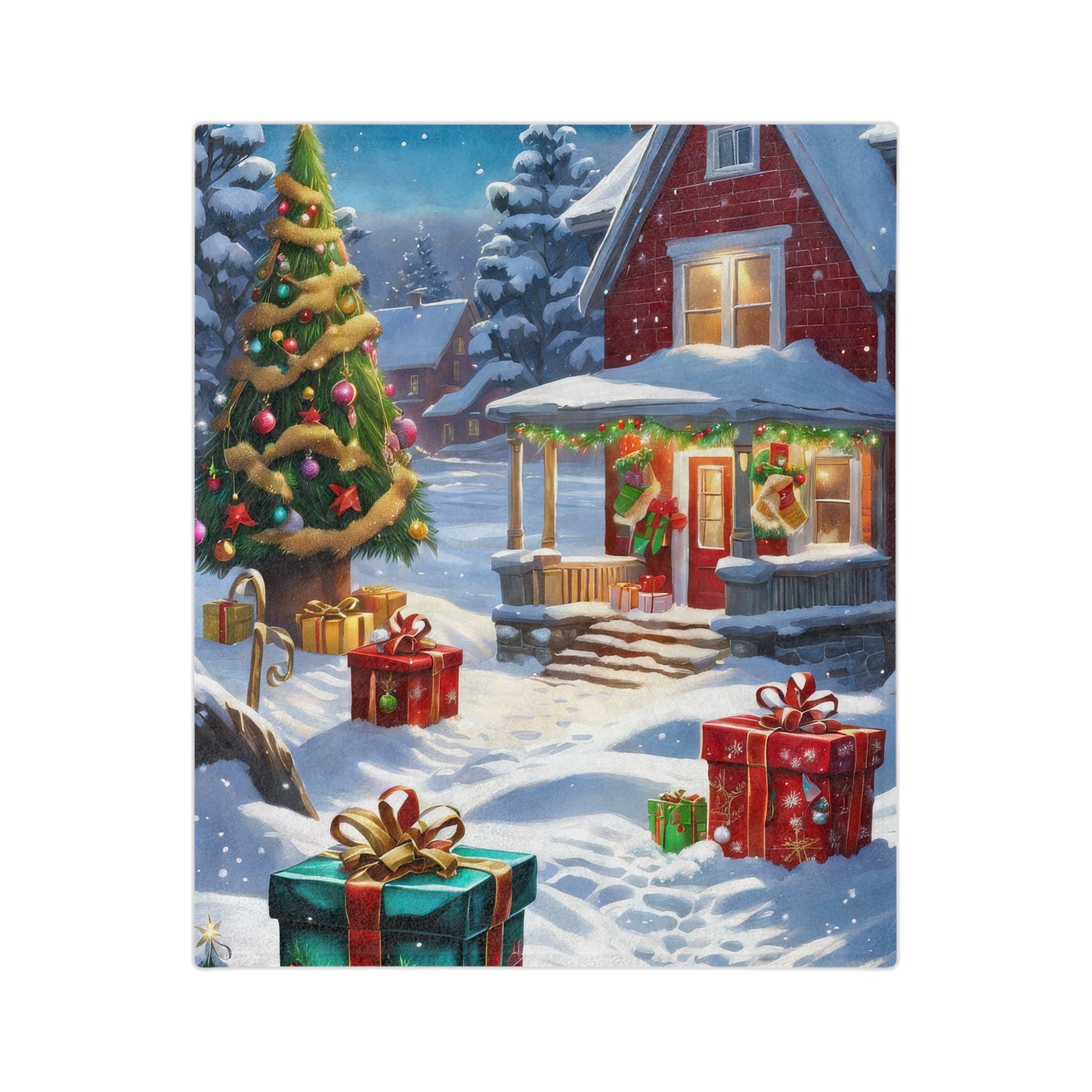 Christmas blanket with snow-covered house, decorated tree, and presents