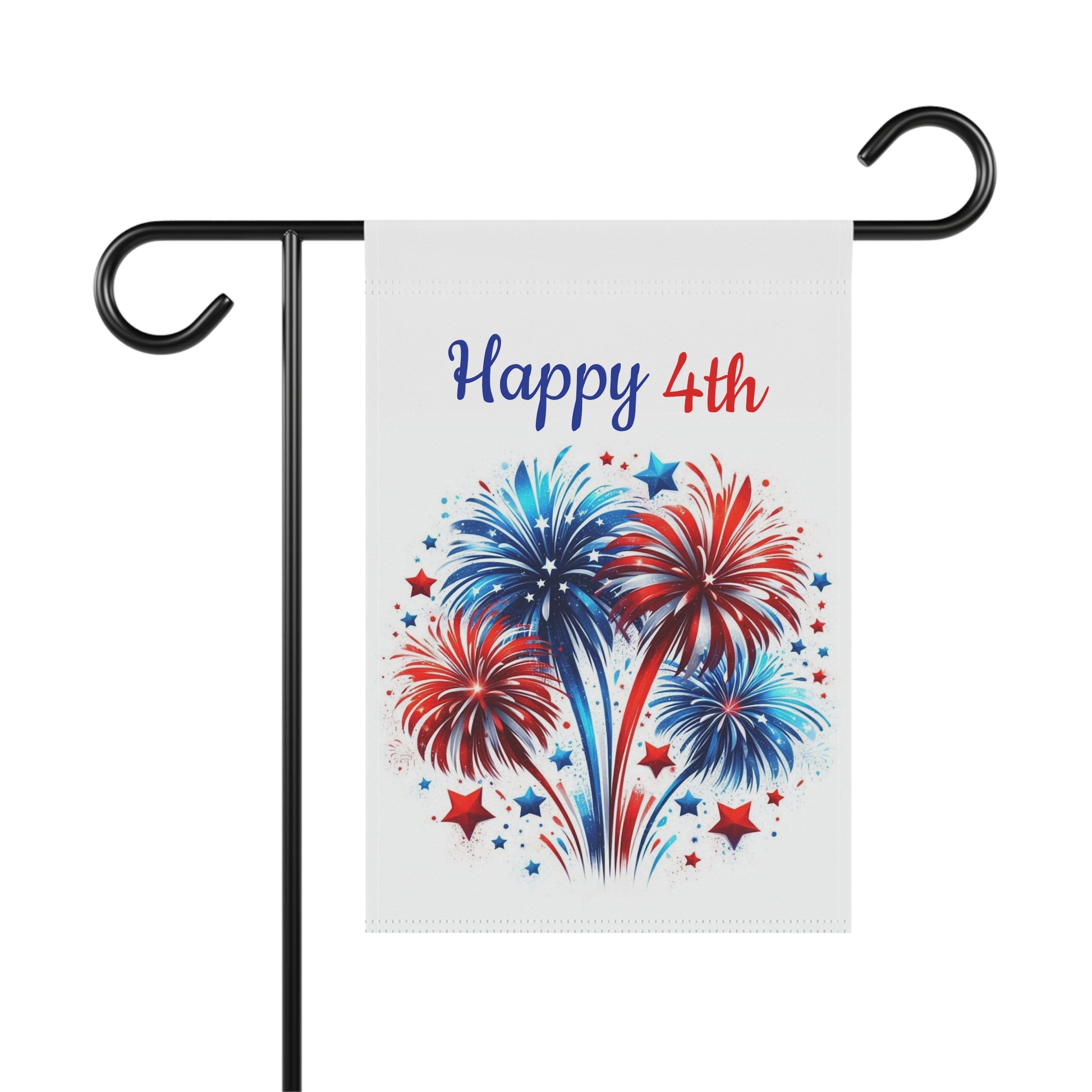 Patriotic garden flag featuring a large burst of red, white, and blue fireworks surrounded by small stars beneath the red and blue script text Happy 4th on a clean off-white background.