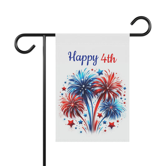 Patriotic garden flag featuring a large burst of red, white, and blue fireworks surrounded by small stars beneath the red and blue script text Happy 4th on a clean off-white background.