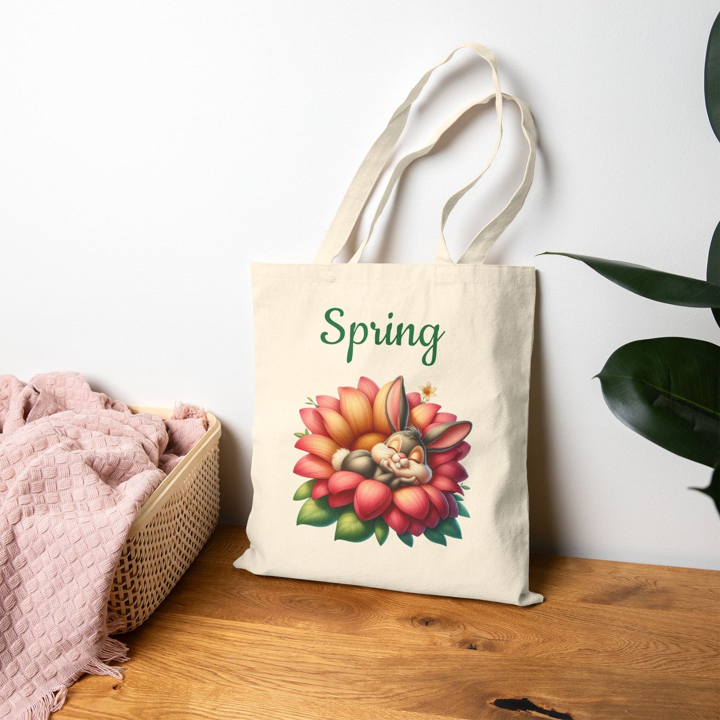 Cute Sleeping Bunny in a Flower Canvas Tote Bag