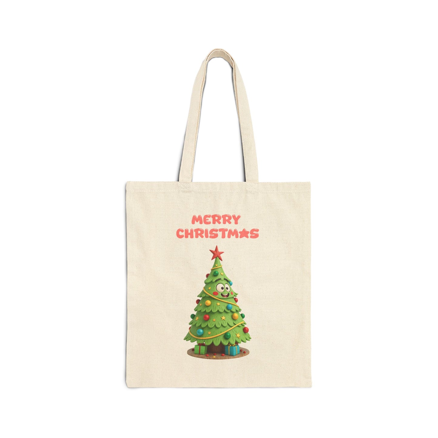 Holiday-themed canvas tote bag with an adorable kawaii tree design