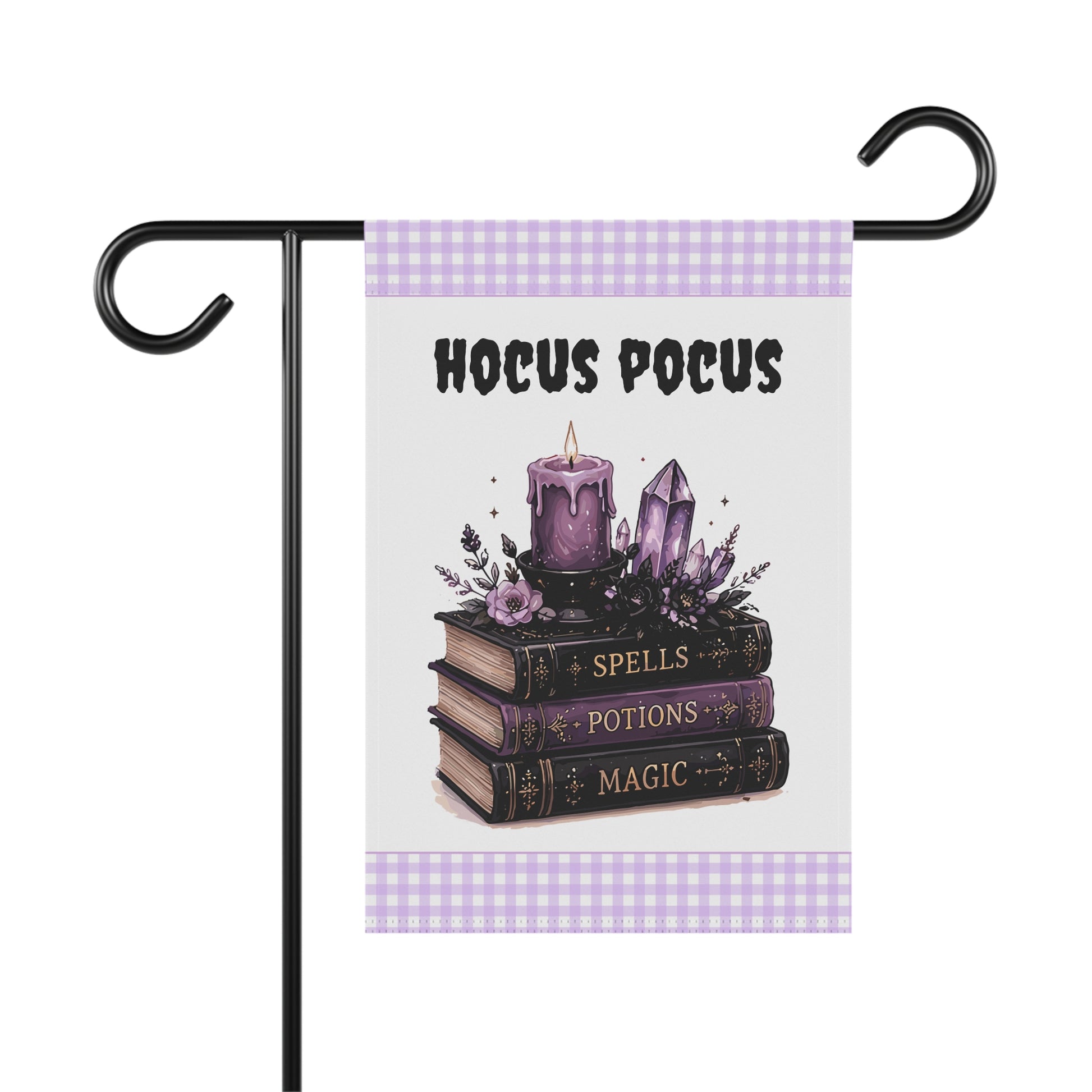 Whimsical Halloween garden flag featuring a stack of vintage magical books labeled Spells, Potions, and Magic, topped with a purple candle and amethyst crystal cluster beneath the black text Hocus Pocus, with purple gingham borders.
