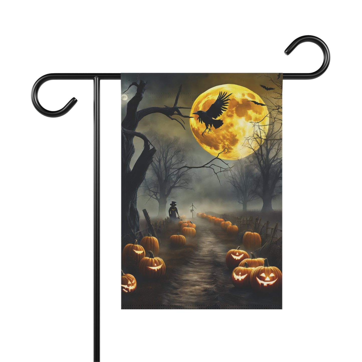 Halloween garden flag with scarecrow, jack-o’-lantern path, full moon, and flying crow