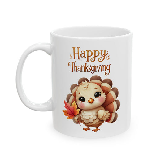 Thanksgiving Coffee Mug Featuring a Cute Baby Turkey Holding a Leaf