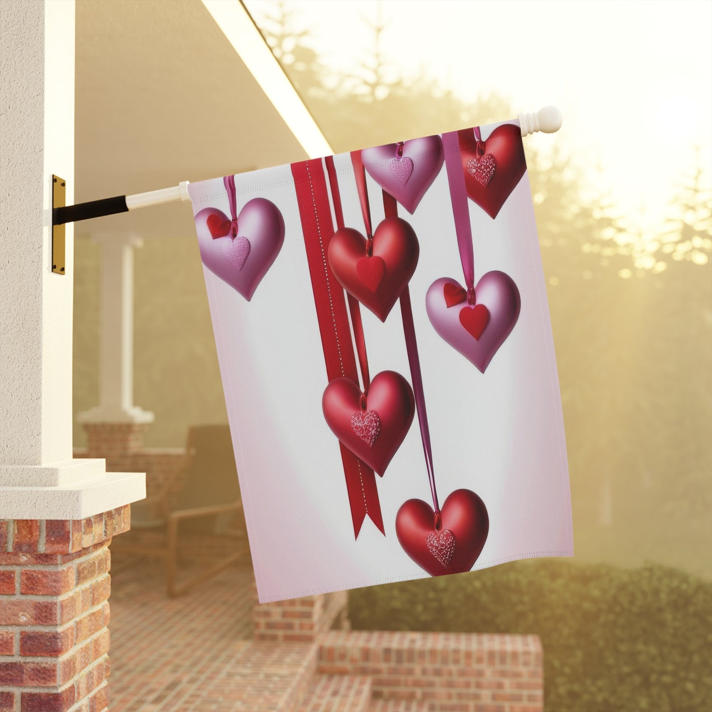 Valentine Garden Flag with Red & Pink Hanging Hearts