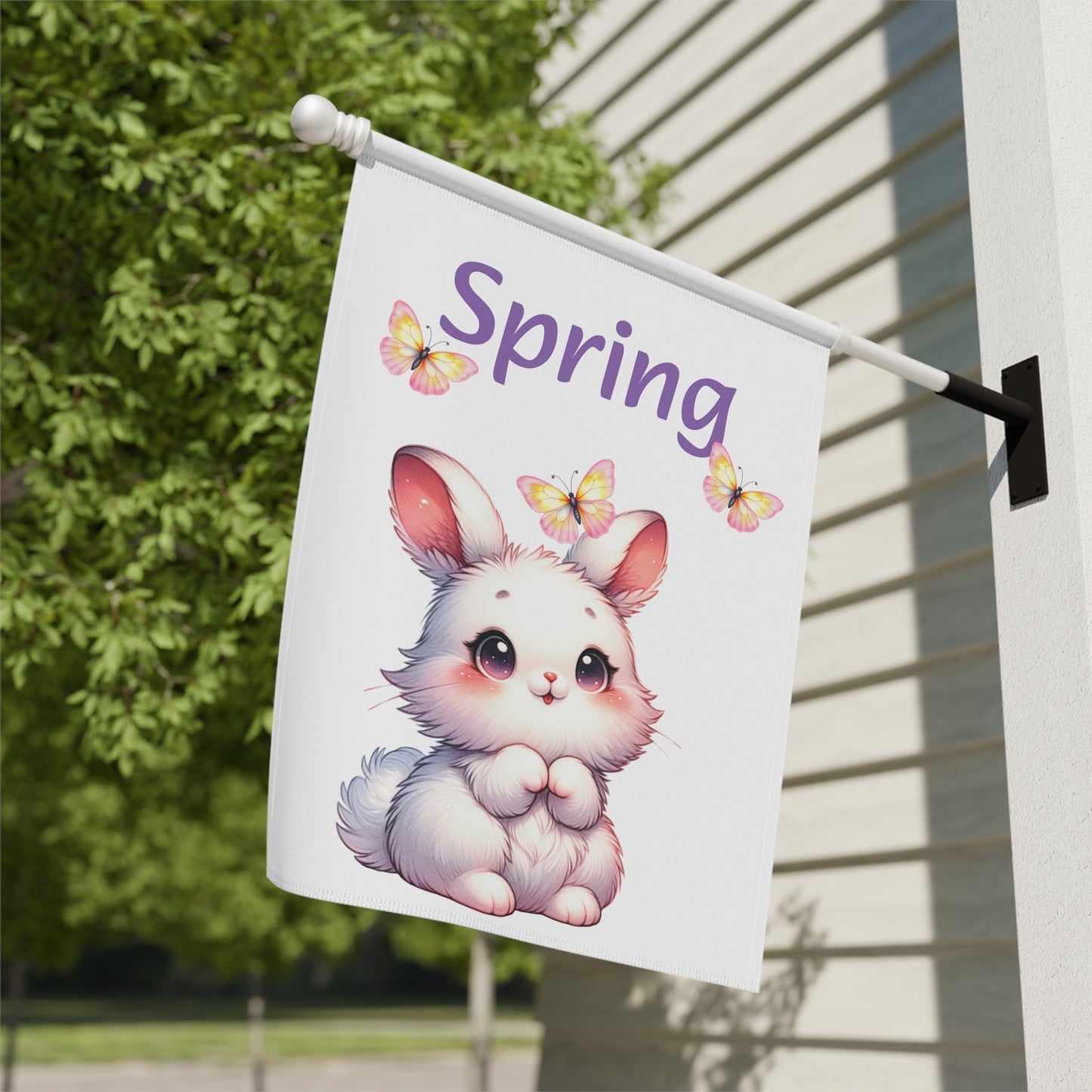 Adorable White Bunny & Butterflies Spring Garden Flag