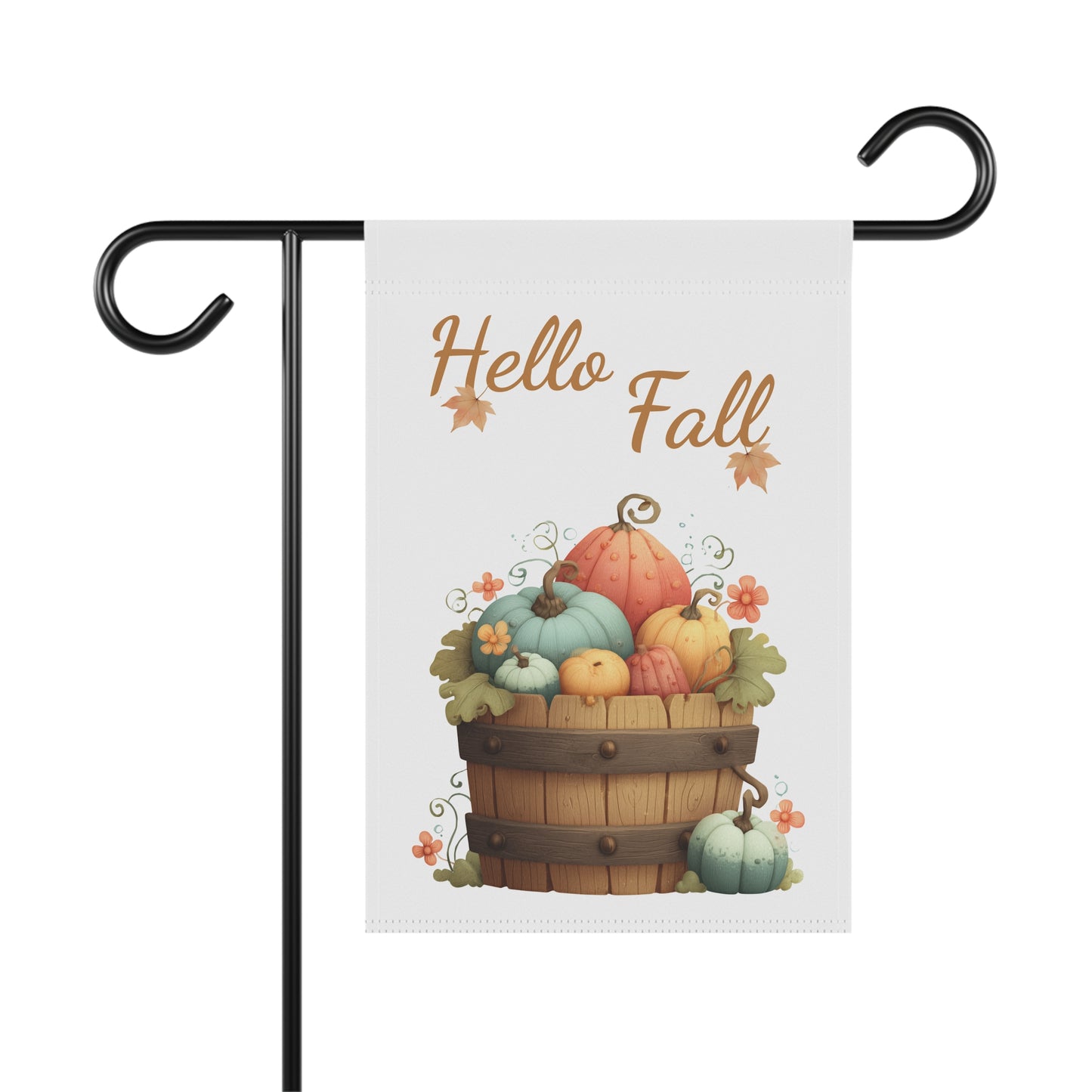 White vertical garden flag on a black metal hanger featuring an illustration of a wooden bushel basket filled with pastel teal, coral, and yellow pumpkins under the words Hello Fall.