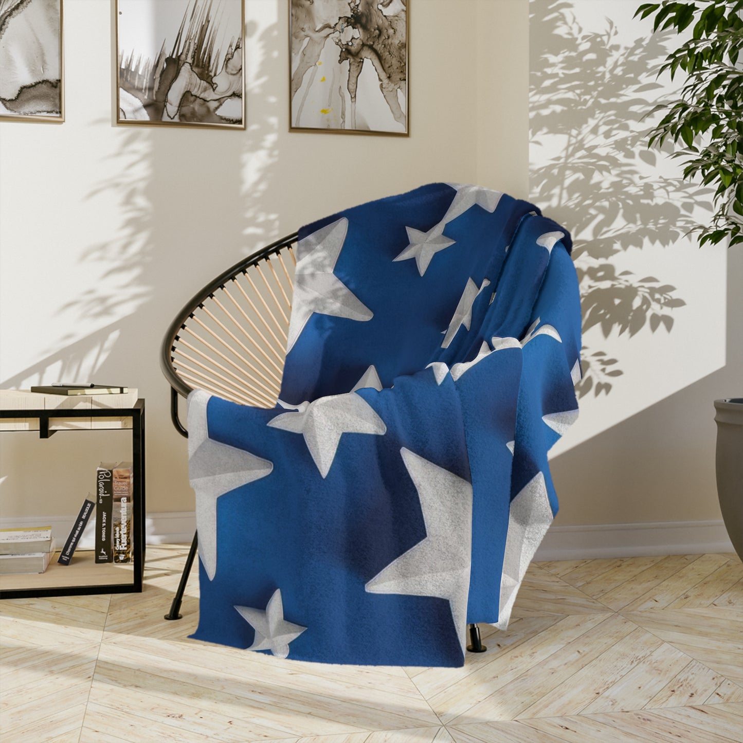 Bold Blue Velveteen Plush Blanket with 3D White Stars