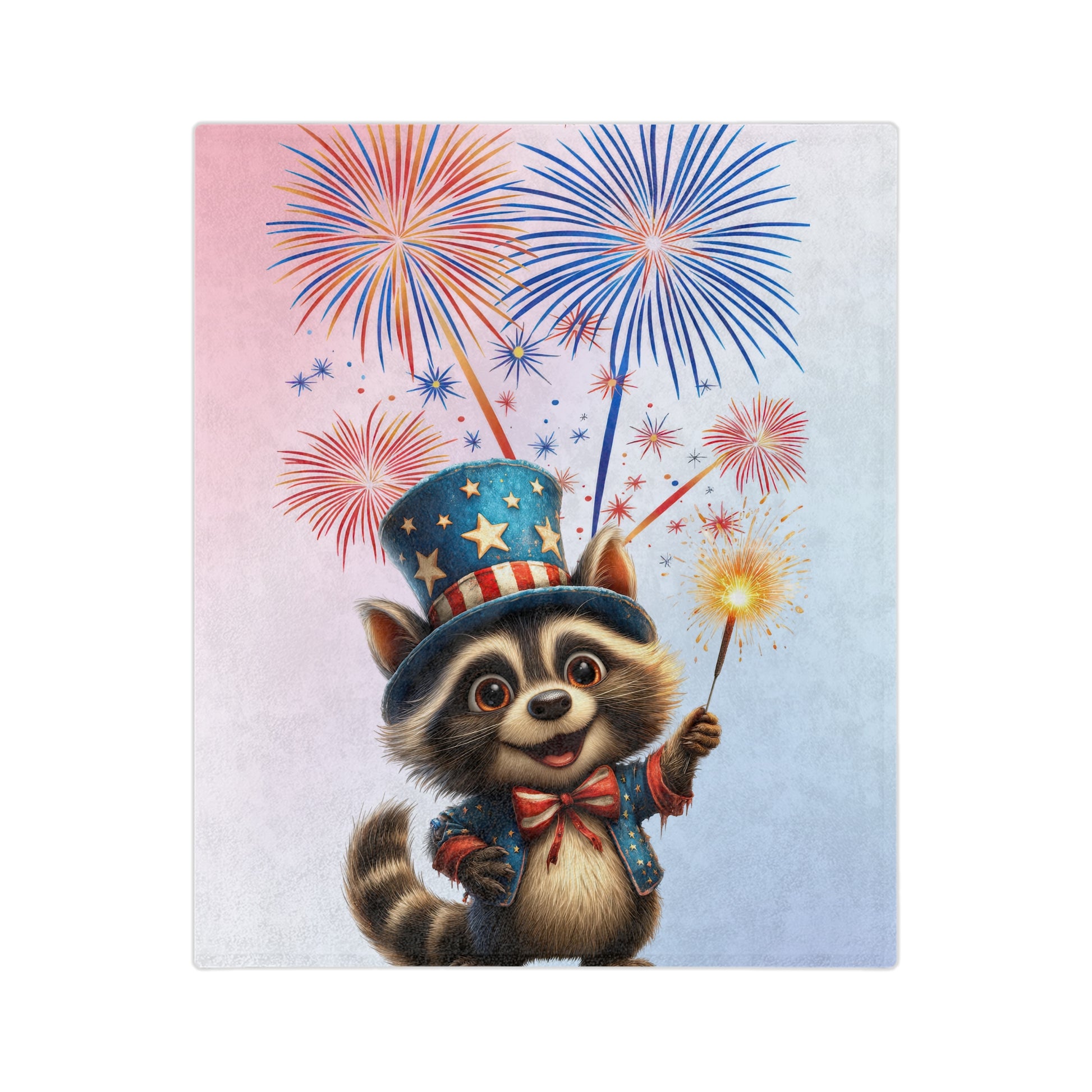 Velveteen plush blanket featuring a patriotic raccoon with fireworks and a red, white, and blue top hat on a gradient background