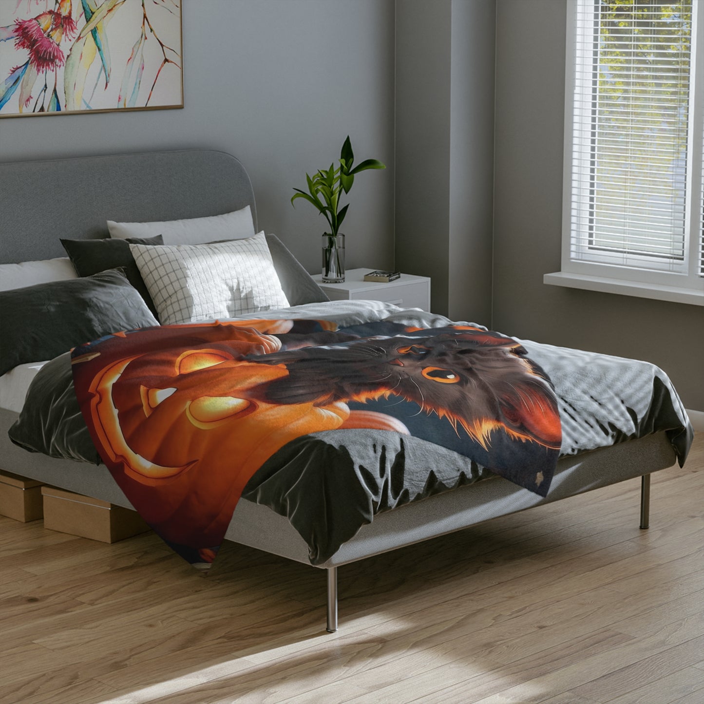 Adorable Black Cat in Jack-o'-Lantern Halloween Plush Blanket