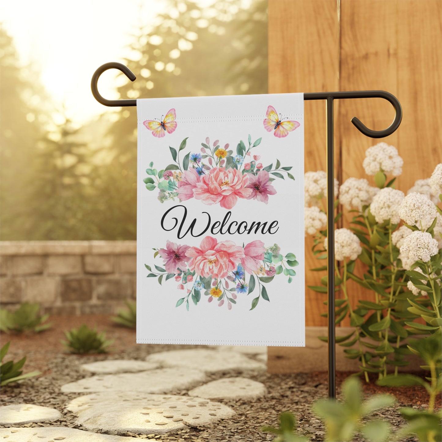 Pink Floral Bouquet with Butterflies Garden Flag
