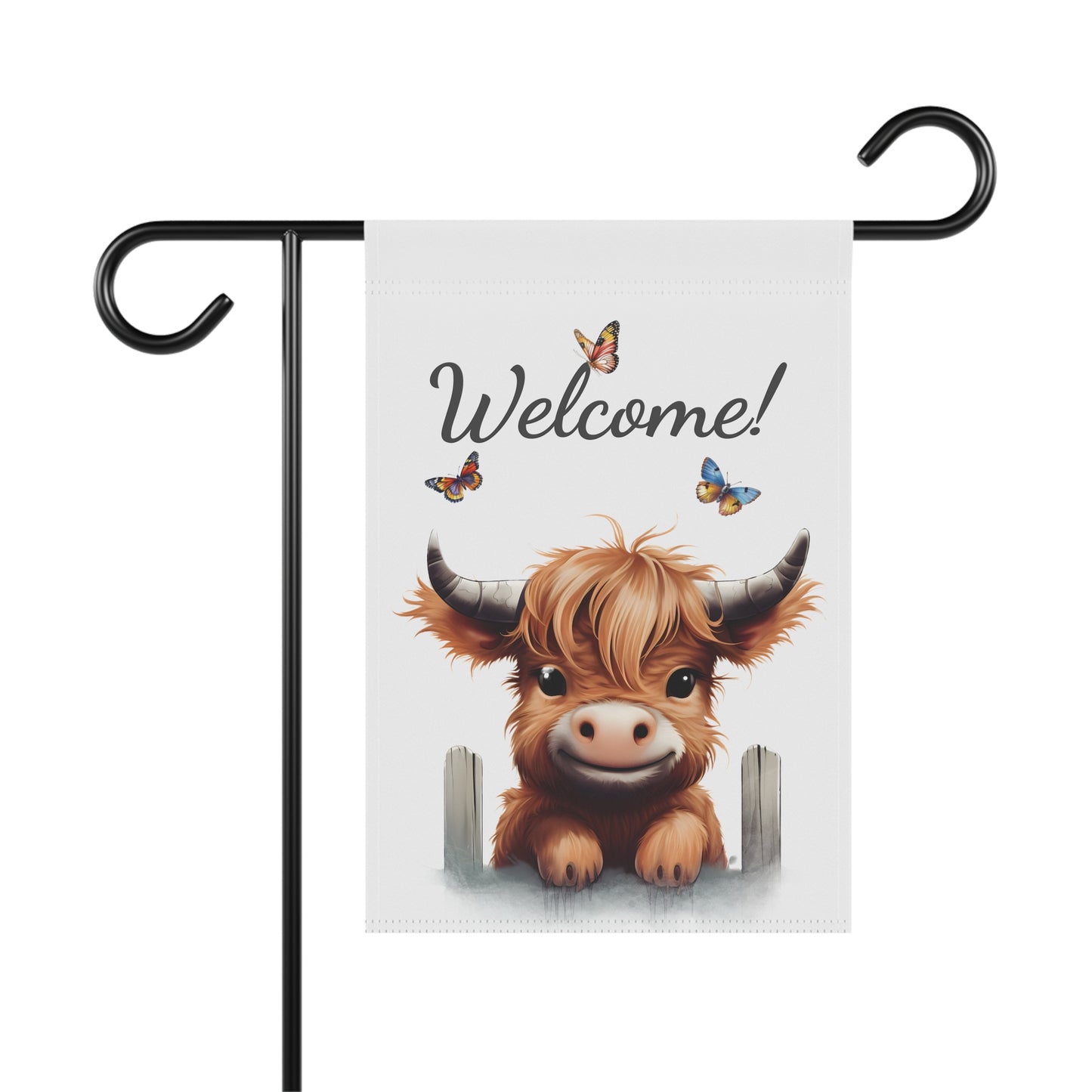 Fluffy baby Highland cow resting paws on a wooden fence under Welcome text with colorful butterflies garden flag