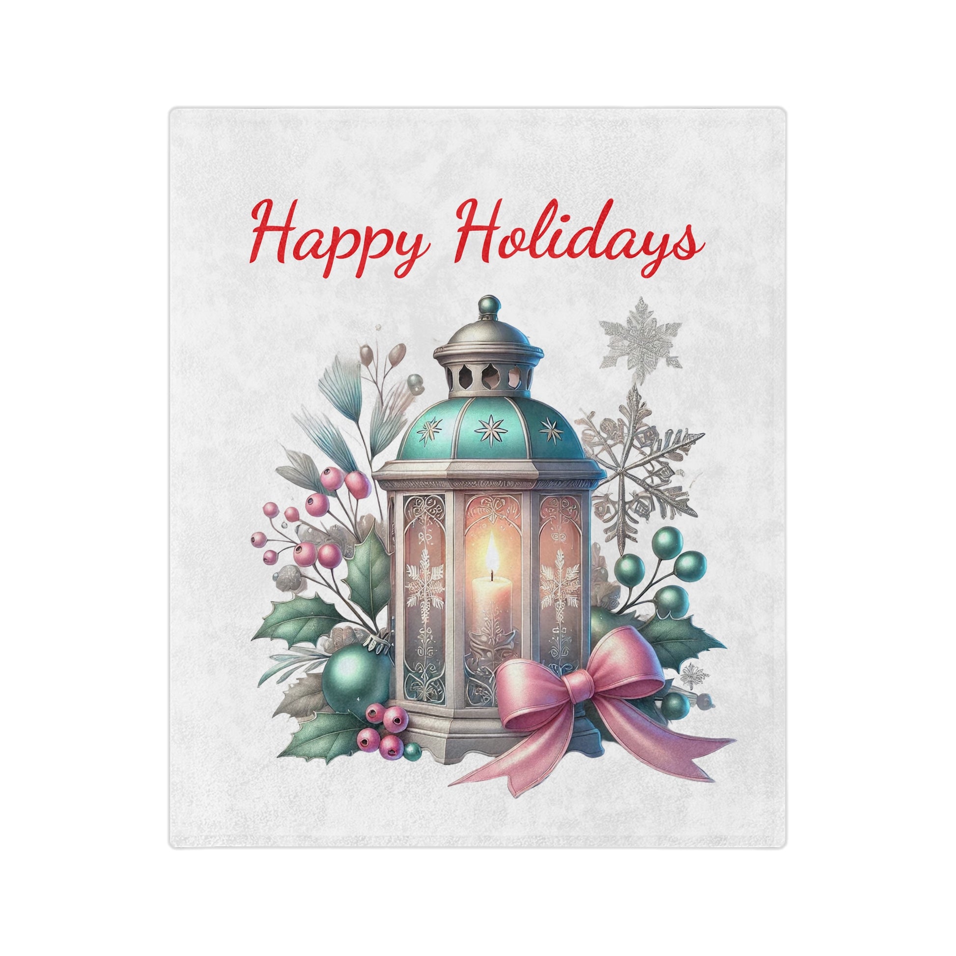 Teal Christmas lantern with candlelight, pink bow, ornaments, and holly on white plush holiday blanket