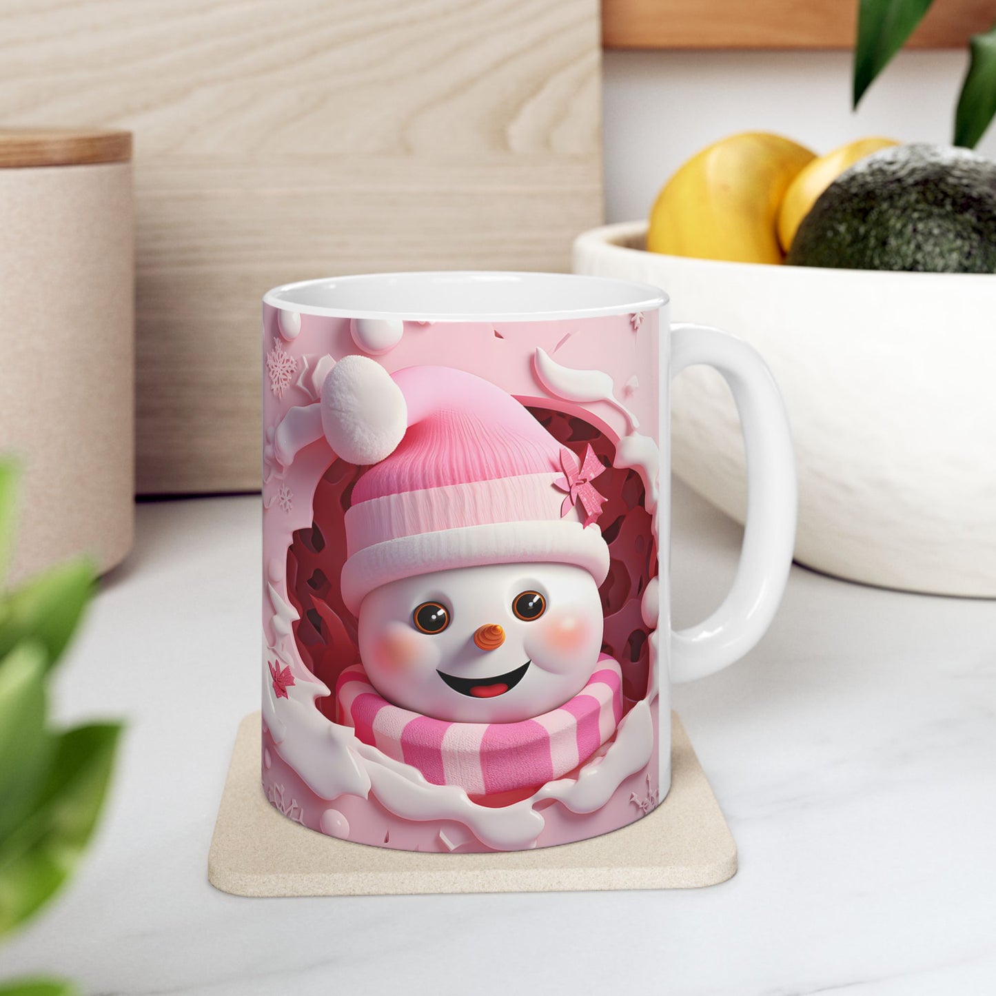 Adorable 3-D Pink Snowman Coffee Mug