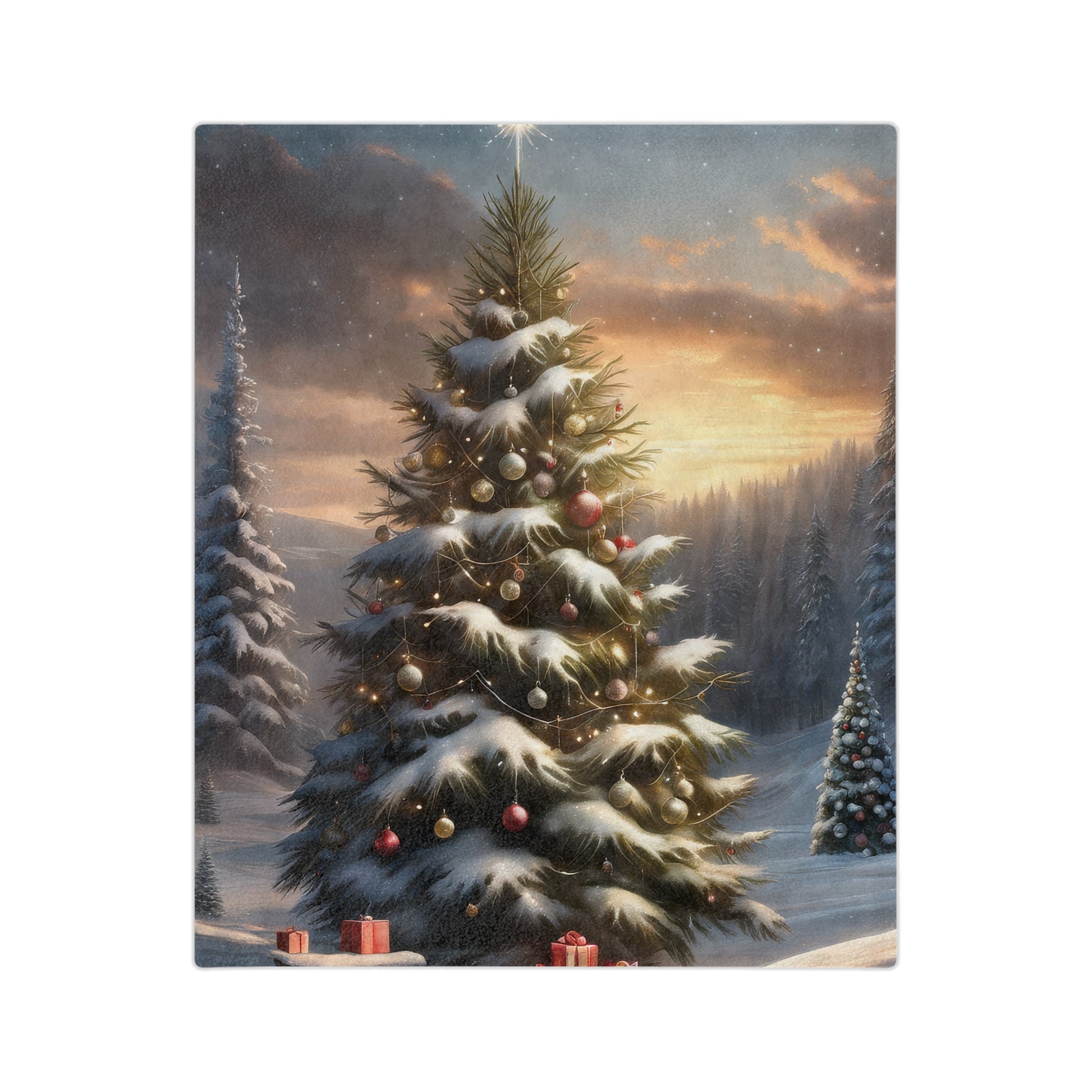 Snowy Christmas tree with ornaments and lights in a winter forest at sunset on a velveteen plush blanket