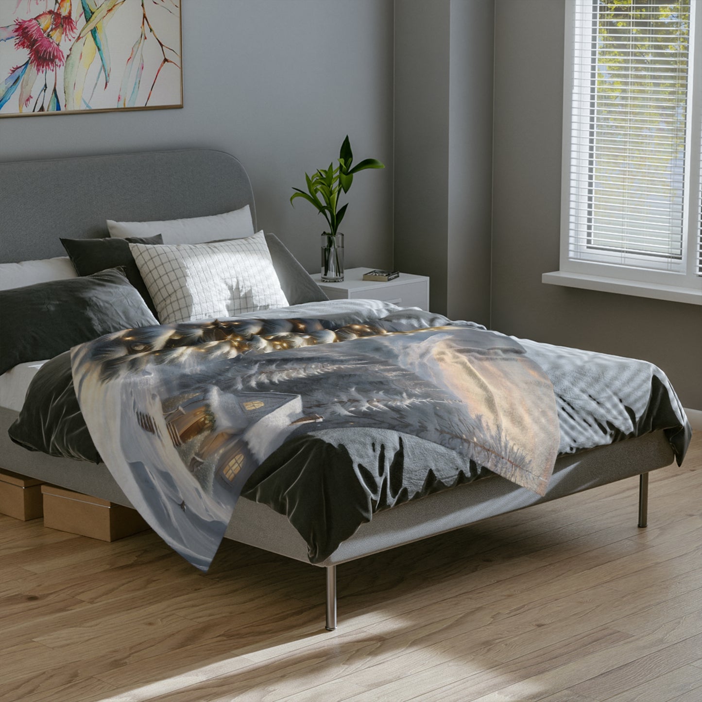 Cozy Snowy Mountain Scene Plush Blanket