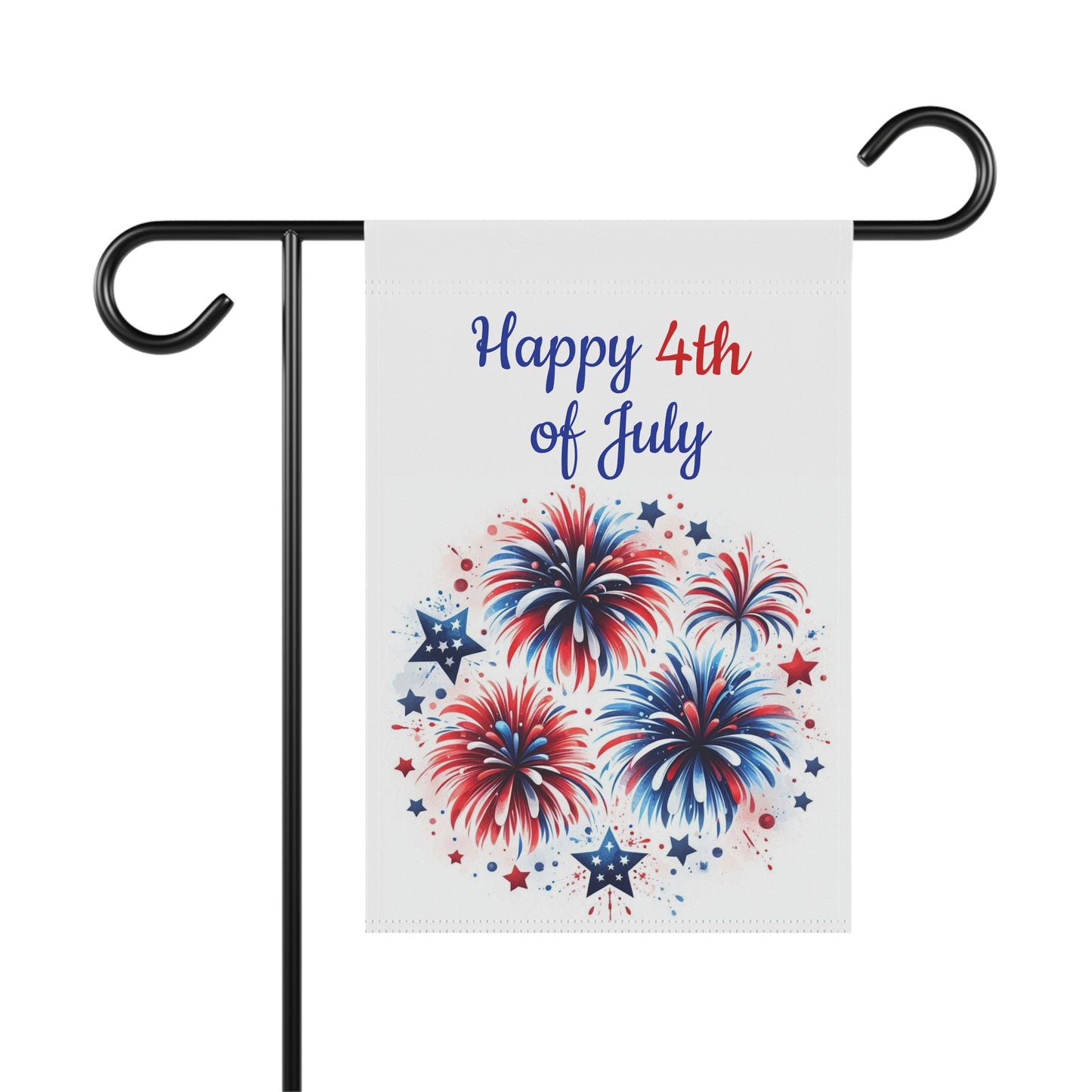 Patriotic garden flag featuring a cluster of multi-layered red, white, and blue fireworks with patterned blue stars beneath the script text Happy 4th of July on a clean off-white background.
