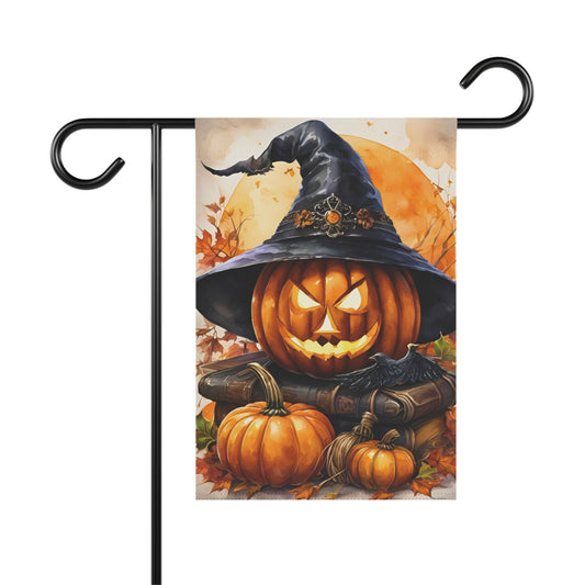 Halloween-themed garden flag with a jack-o'-lantern and witch hat on a white background.