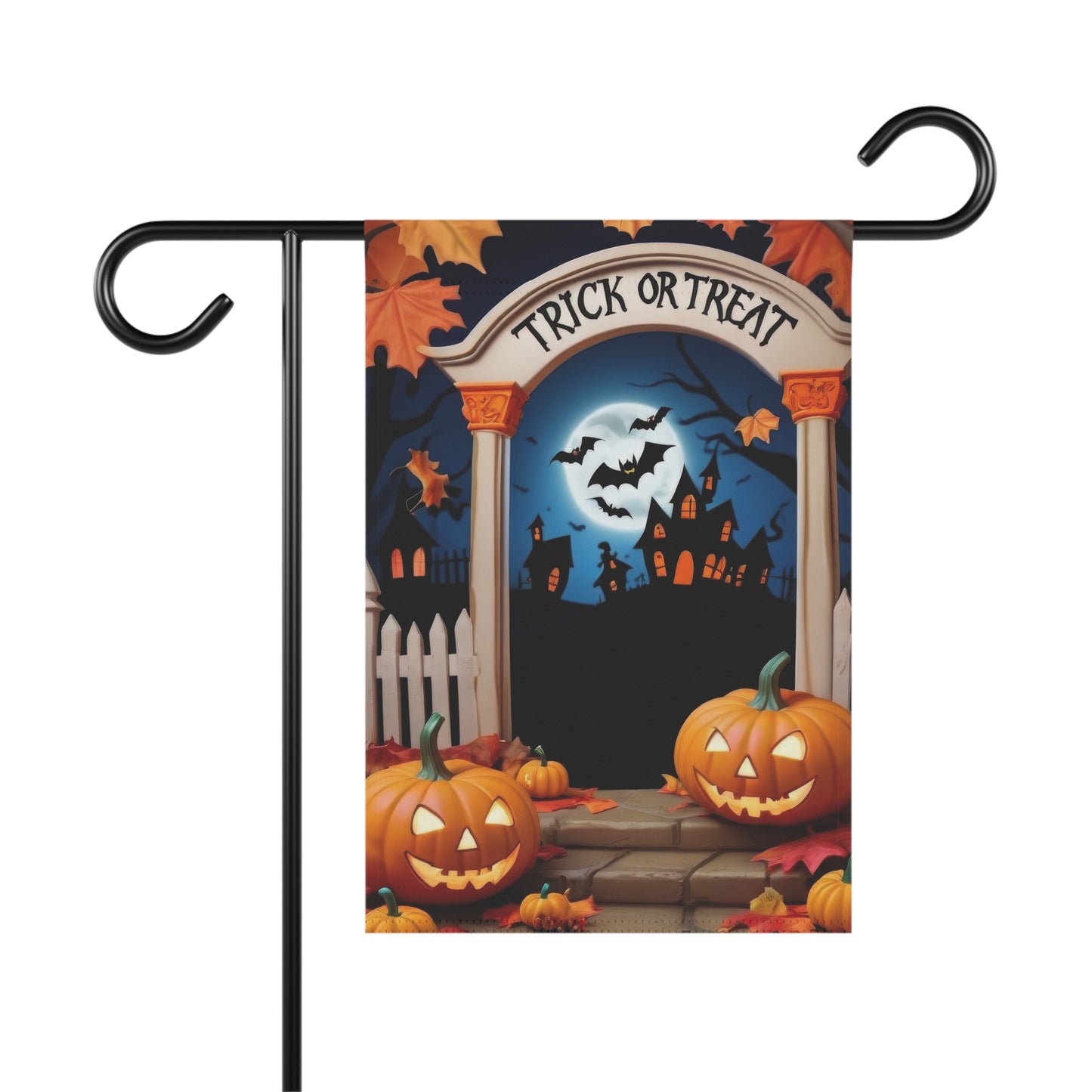 “Halloween garden flag with Trick or Treat archway, pumpkins, haunted house, bats, and full moon”