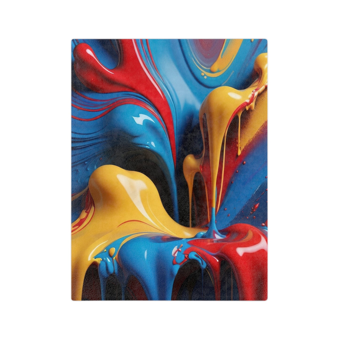 A vibrant velveteen blanket with a fluid abstract art design of red, yellow, and blue paint drips and swirls.