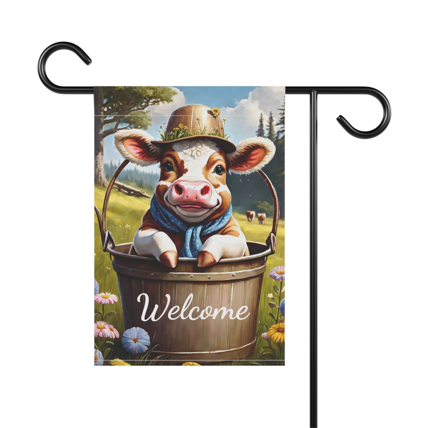 Welcome Garden Flag with Cute Cow in Bucket