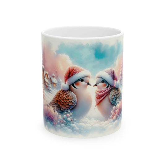 White ceramic coffee mug with a romantic illustration of two small, fluffy birds in Santa hats and a scarf, looking at each other in a snowy winter scene with a cozy village in the background.

