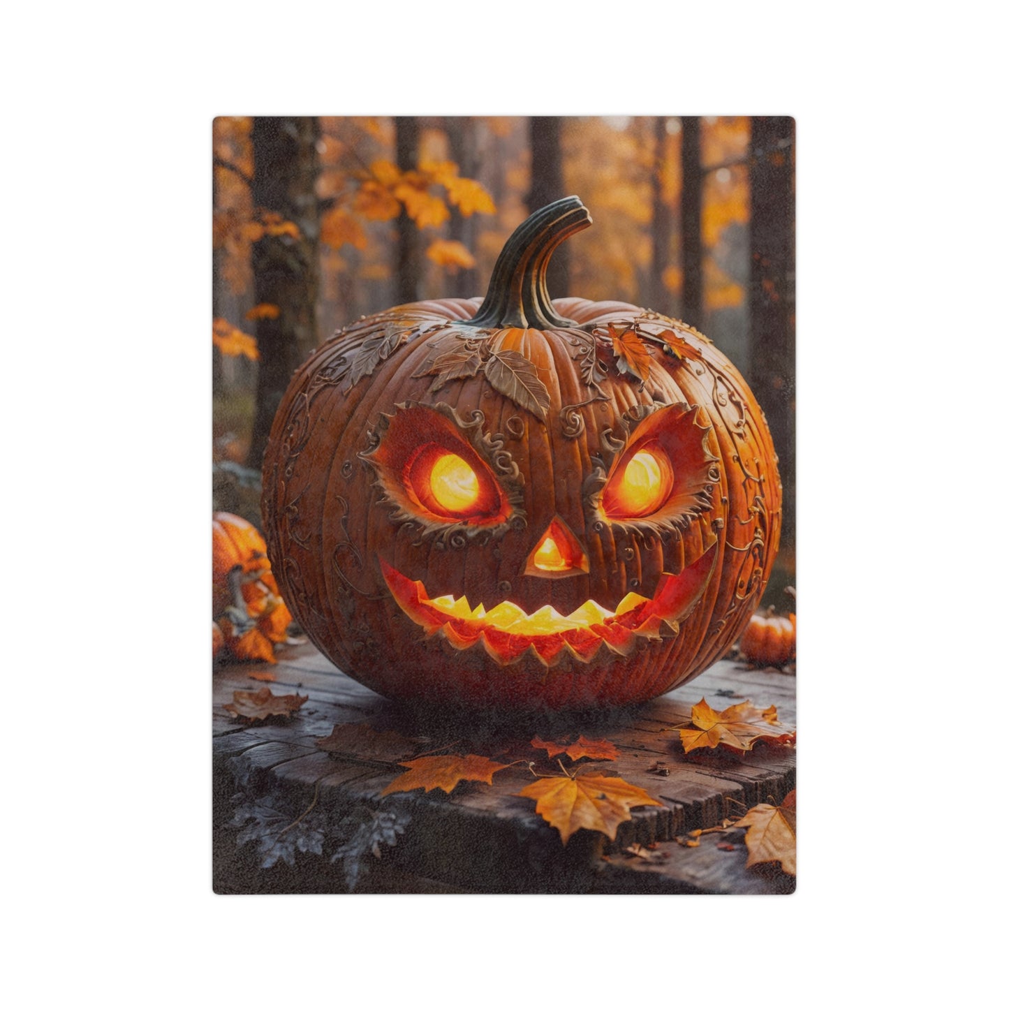 Ornate Spooky Jack-o'-Lantern Halloween Plush Blanket with a detailed glowing pumpkin on a wooden surface in an autumn forest surrounded by colorful fallen leaves.

