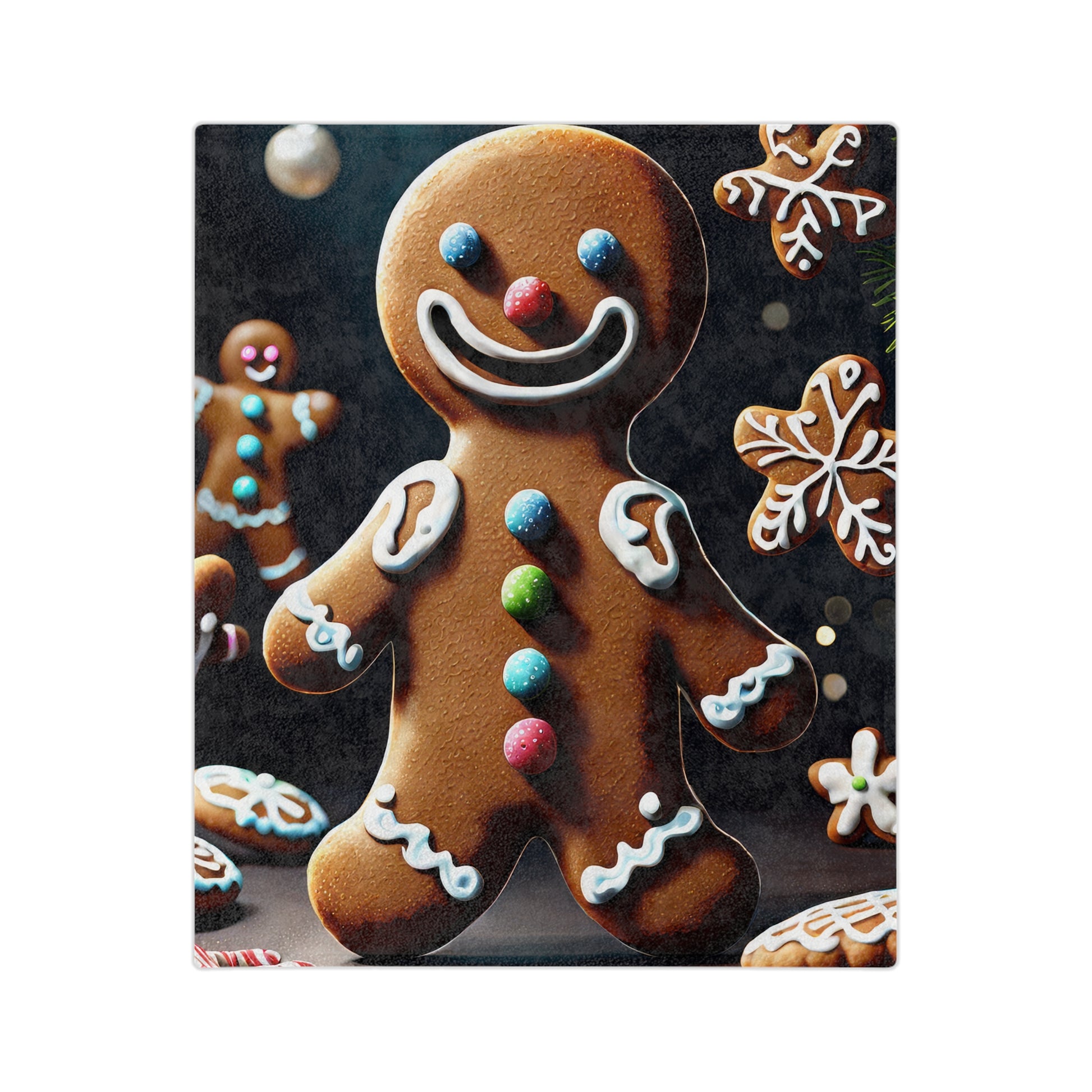 Plush blanket featuring a smiling gingerbread man cookie with colorful buttons, surrounded by festive holiday cookies