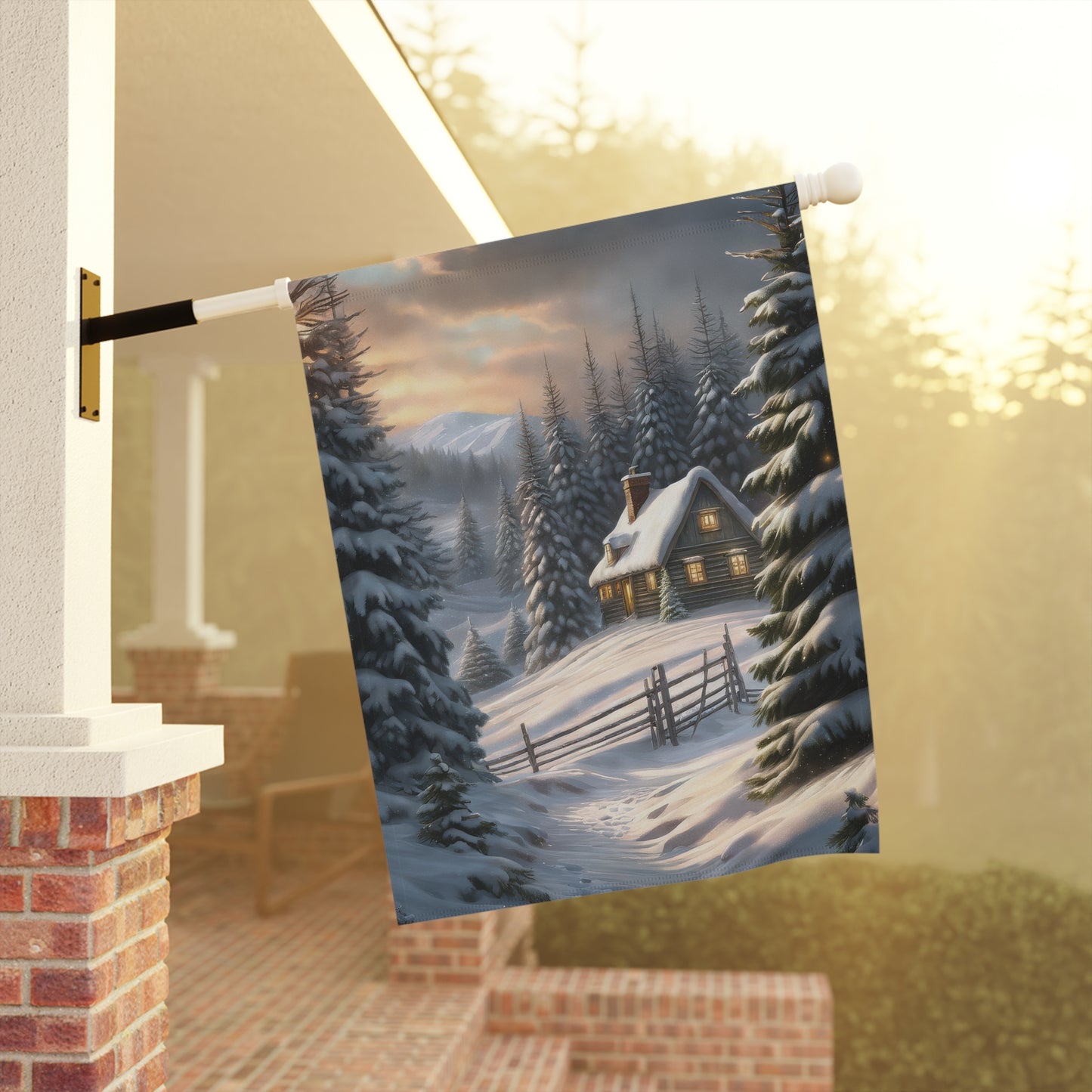 Rustic Snowy Cabin Garden Flag/ House Banner